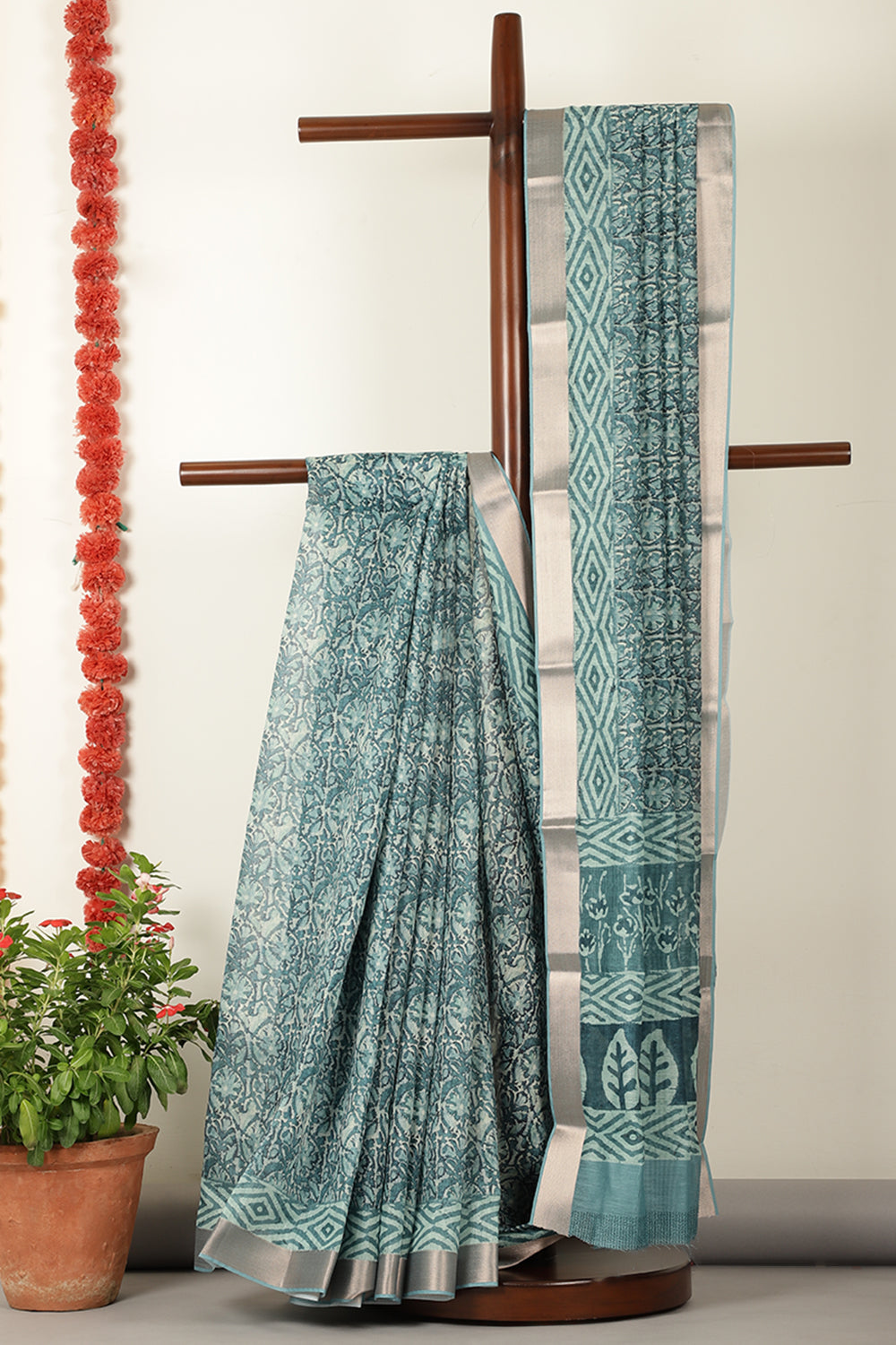 Teal Abstract Printed Chanderi Cotton Saree