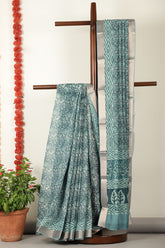 Teal Abstract Printed Chanderi Cotton Saree