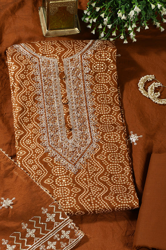 Brown Cotton Bandhani Printed & Neck Embroidered Unstitched Suit