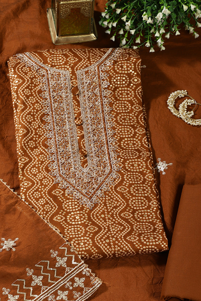 Brown Cotton Bandhani Printed & Neck Embroidered Unstitched Suit