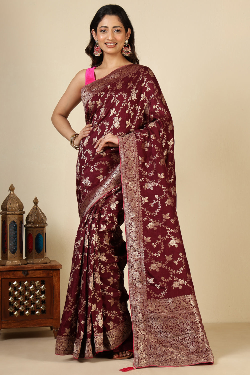 Dark Scarlet Banarasi Silk Zari Floral Zaal Woven Saree