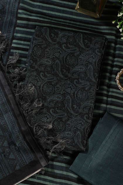 Green & Black Digital Printed Chanderi Cotton Unstiched Suit Material