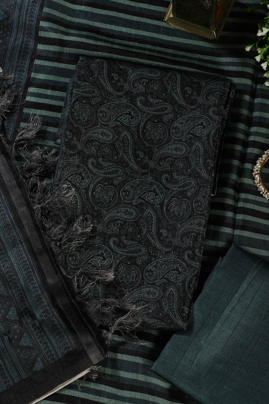 Green & Black Digital Printed Chanderi Cotton Unstiched Suit Material