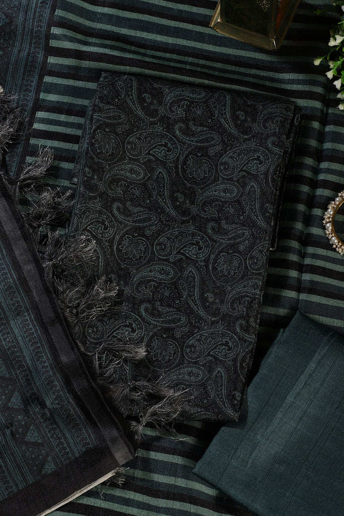 Green & Black Digital Printed Chanderi Cotton Unstiched Suit Material
