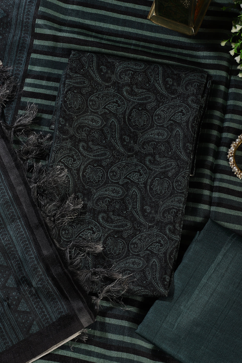 Green & Black Digital Printed Chanderi Cotton Unstiched Suit Material