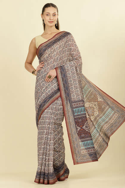 Brown Ajrakh Block Printed Cotton Saree