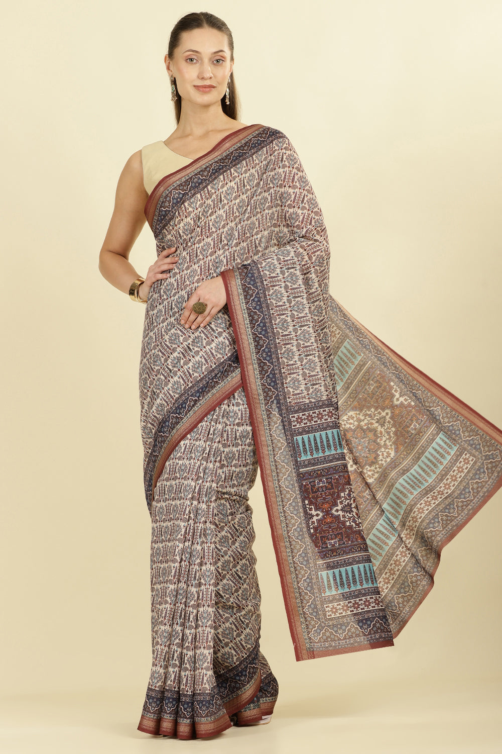 Brown Ajrakh Block Printed Cotton Saree