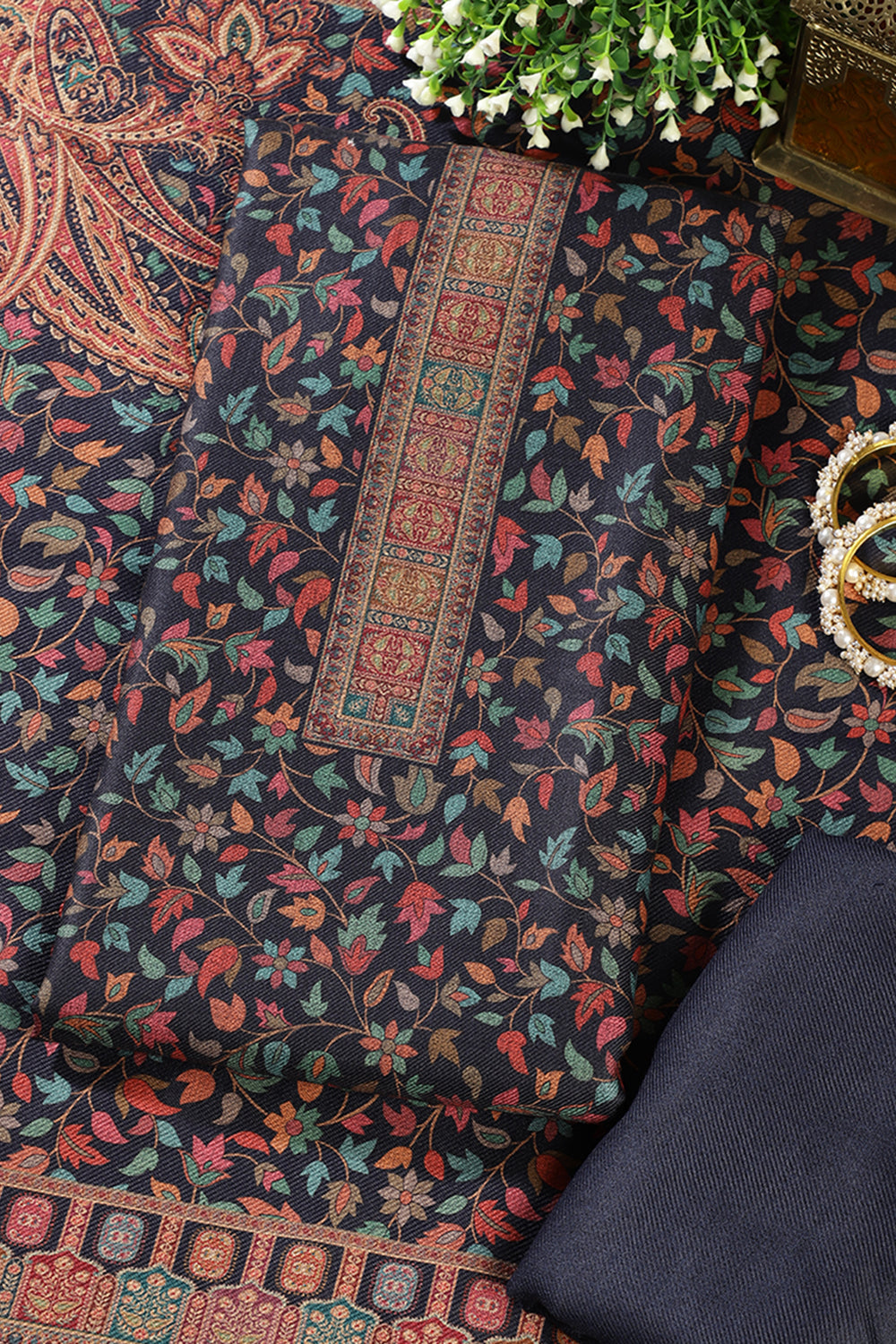 Navy Pashmina Floral Printed Unstitched Suit Fabric