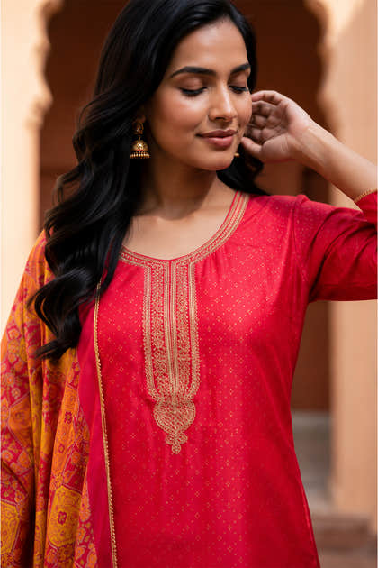Rani Neck-Embroidered And Printed Silk Suit Set