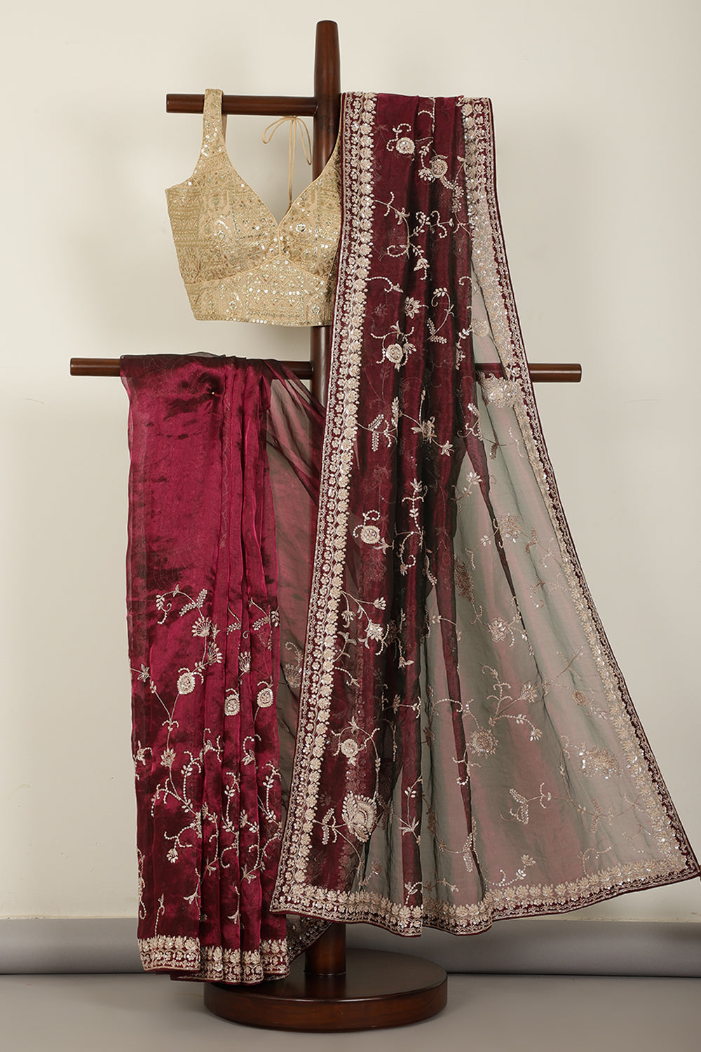 Wine Pure Tissue Silk Saree with Pearl and Zardozi Handwork