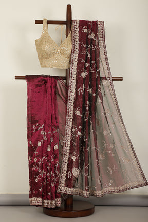 Wine Pure Tissue Silk Saree with Pearl and Zardozi Handwork