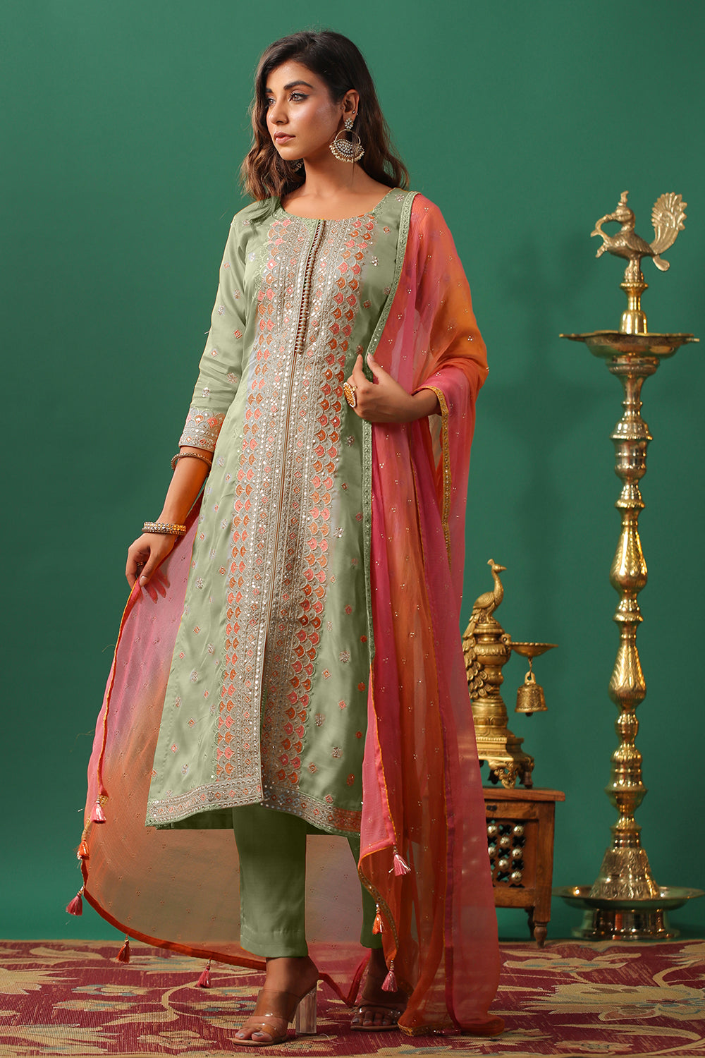 Pista Color Embroidered Silk Unstitched Suit Material