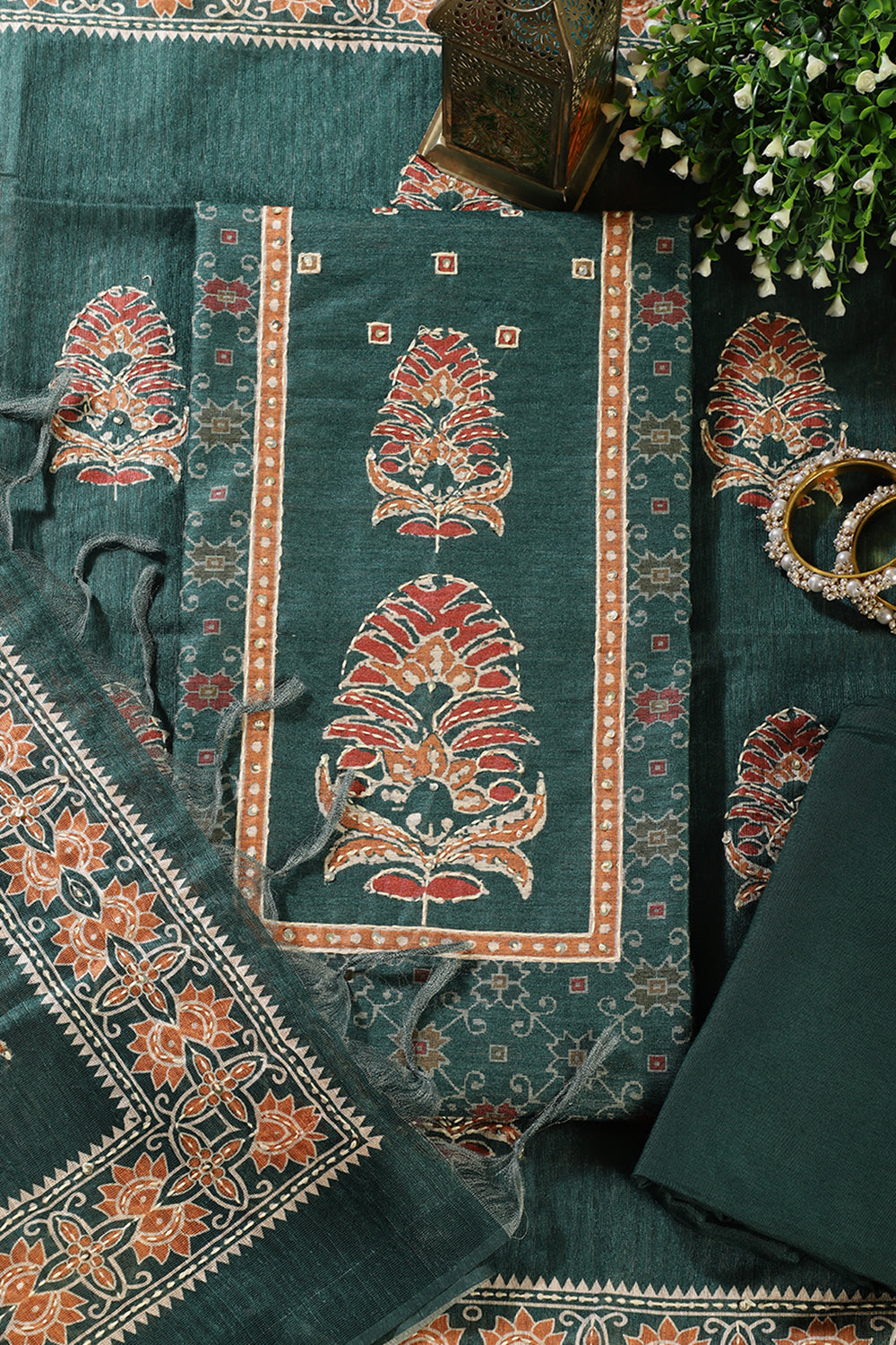 Green Tussar Silk Printed Unstitched Suit Material