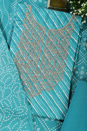 Turquoise Cotton Leheriya Printed and Neck Zari Embroidered Unstitched Suit Material