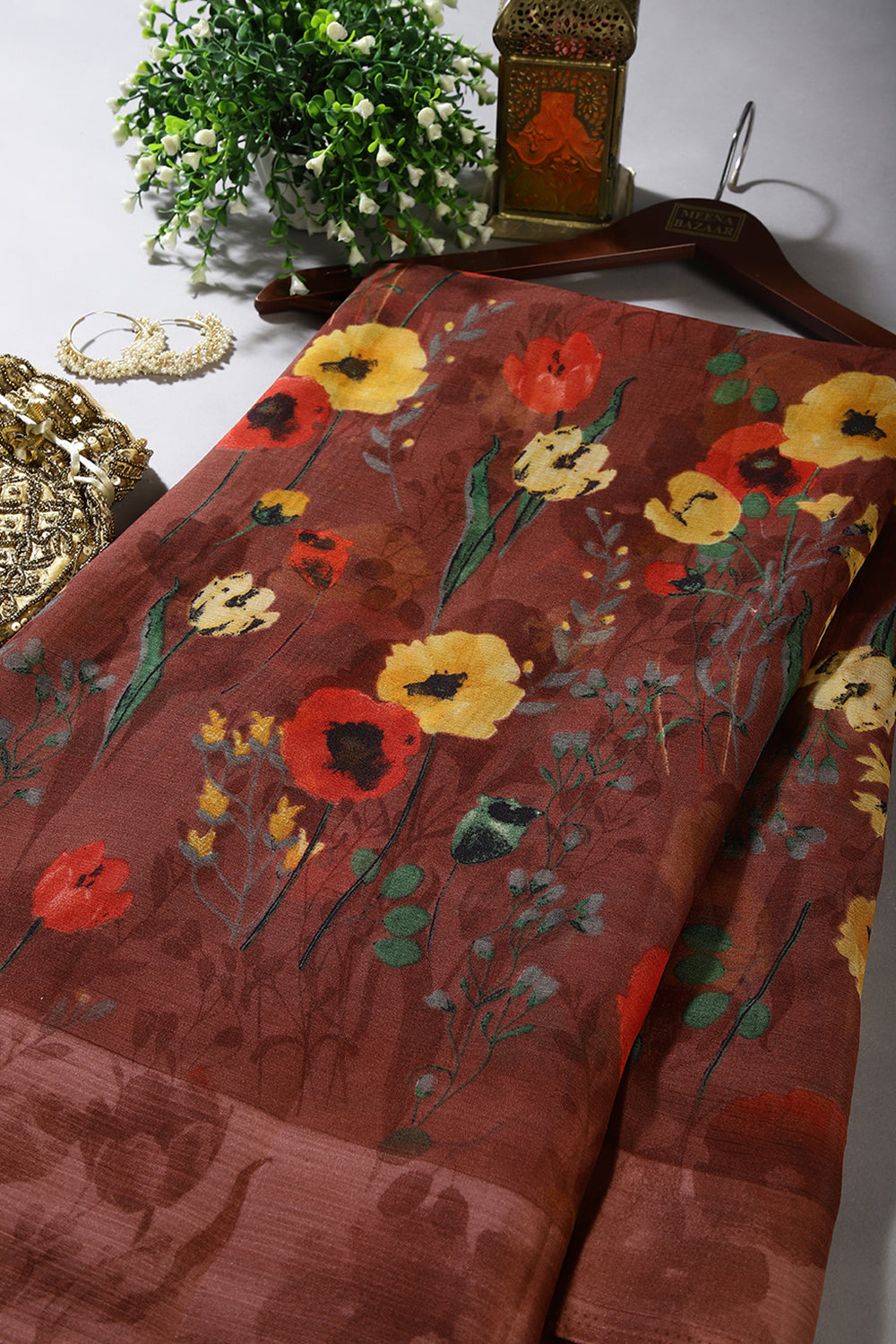 Brown Color Floral Printed Chiffon Saree