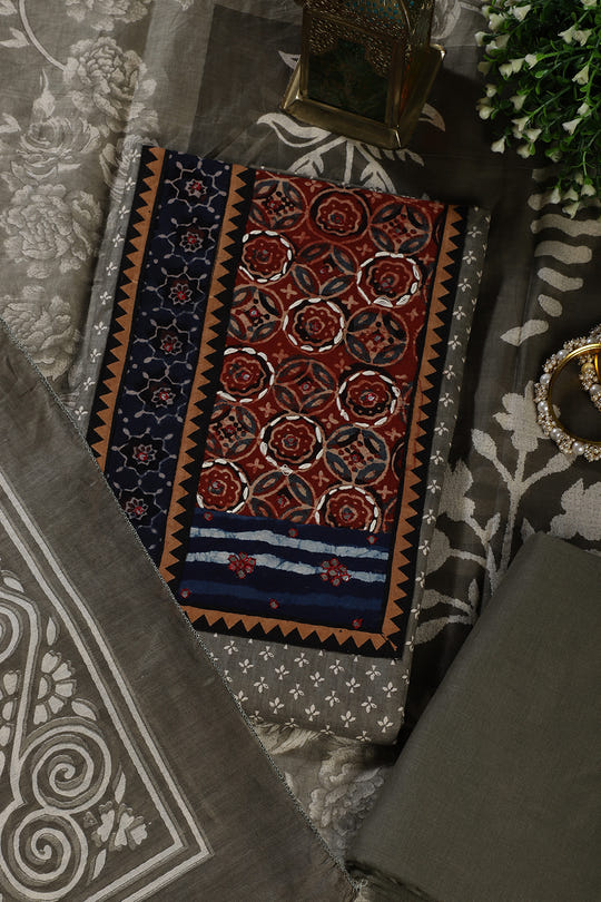 Greyish Green Printed and Mirror Work Cotton Unstitched Suit Material