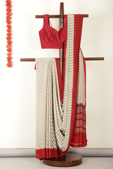 Beige & Red Crepe Printed Saree