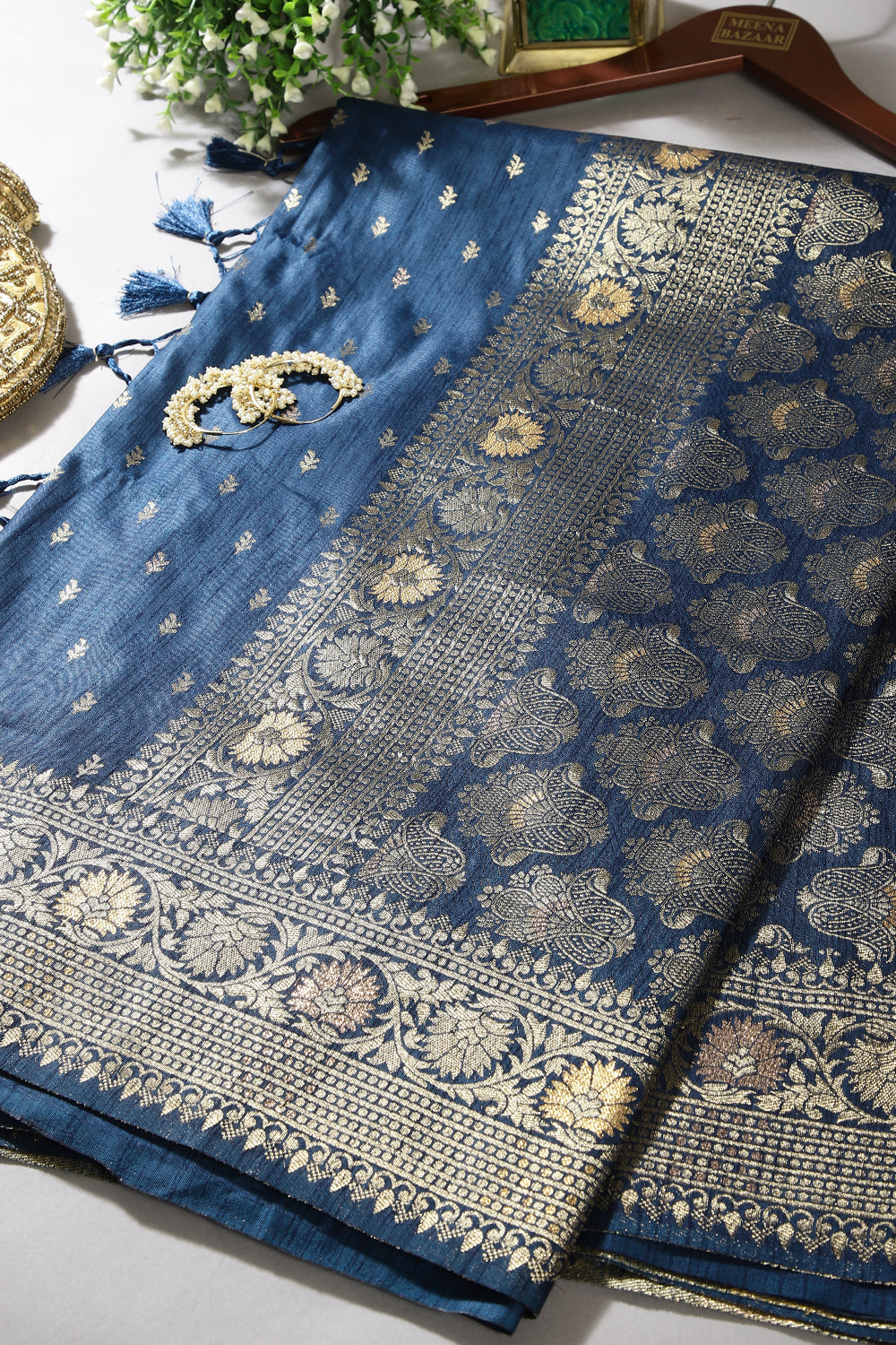 Dark Navy Color Raw Silk Woven Saree