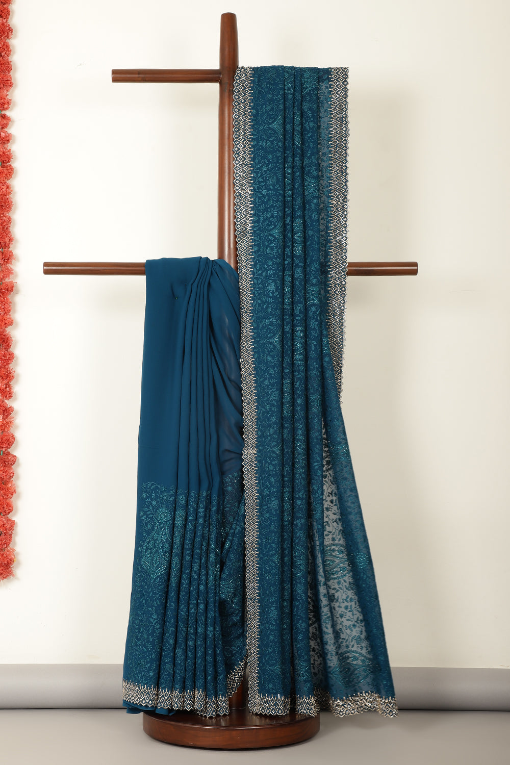 Nile Blue Georgette Resham Floral Jal Woven And Swarovski Work Saree
