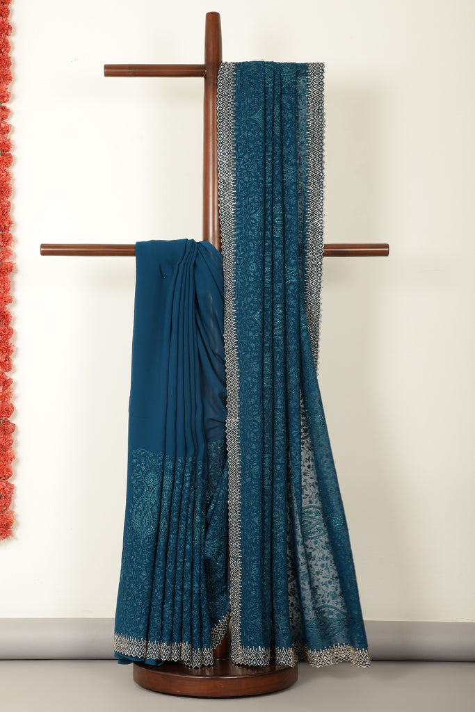 Nile Blue Georgette Resham Floral Jal Woven And Swarovski Work Saree