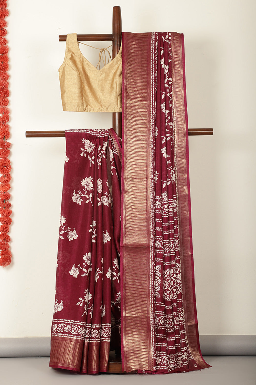 Dark Scarlet Cotton Silk Block Printed Saree