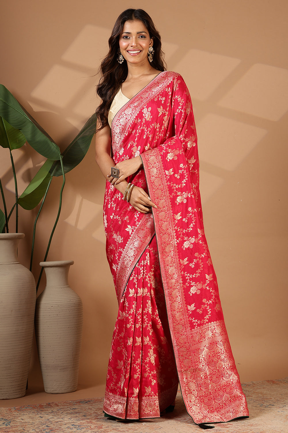 Cardinal Red Banarasi Silk Zari Floral Zaal Woven Saree