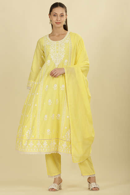 Pale Yellow Cotton Resham Floral Embroidered Anarkali Suit Set