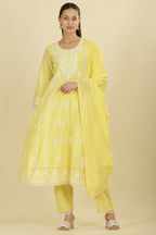 Pale Yellow Cotton Resham Floral Embroidered Anarkali Suit Set