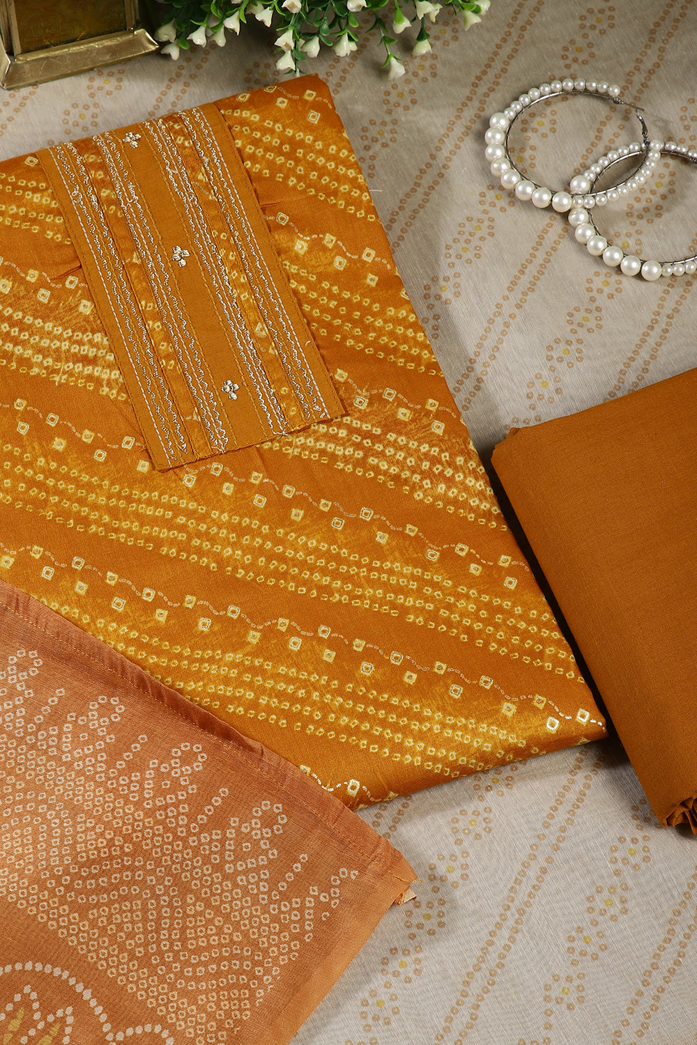 Mustard Color Cotton Bandhani printed Unstitched Suit Fabric