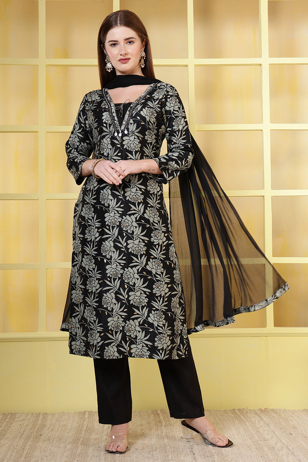 Black Floral Printed Cotton Suit Set