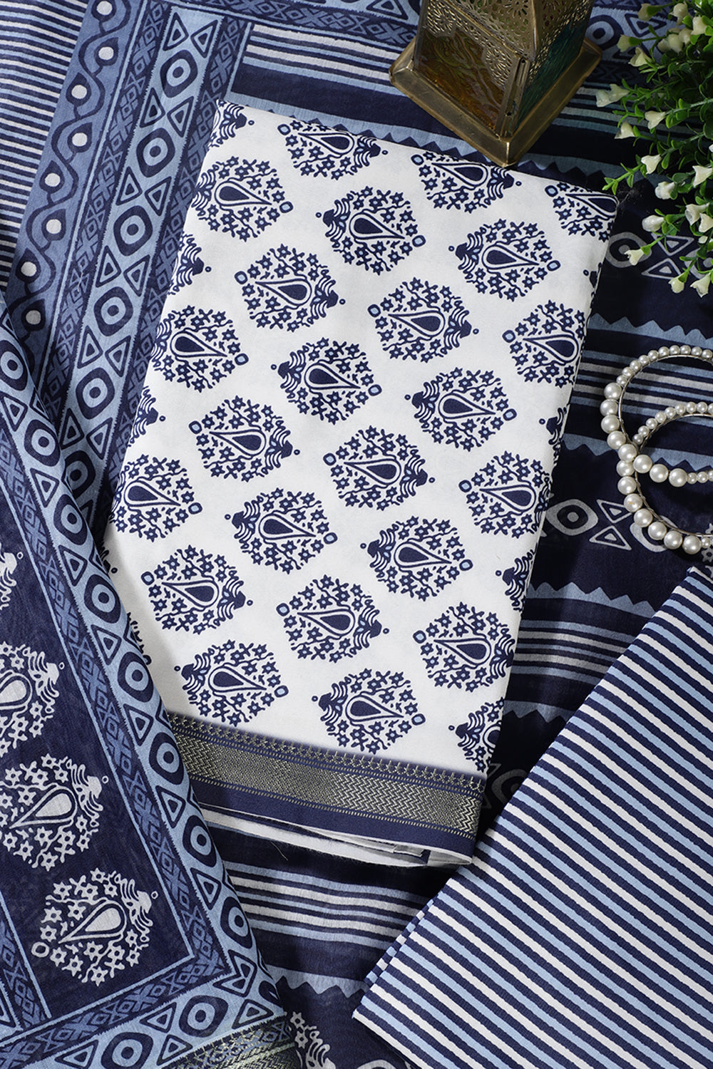 Blue And White Cotton Zari Border & Floral Block Print Unstitched Suit Material