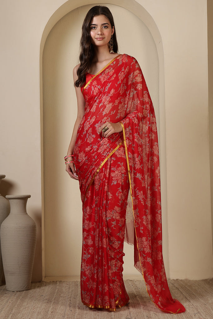 Red Chiffon Zari Border & Floral Printed Saree