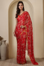 Red Chiffon Zari Border & Floral Printed Saree