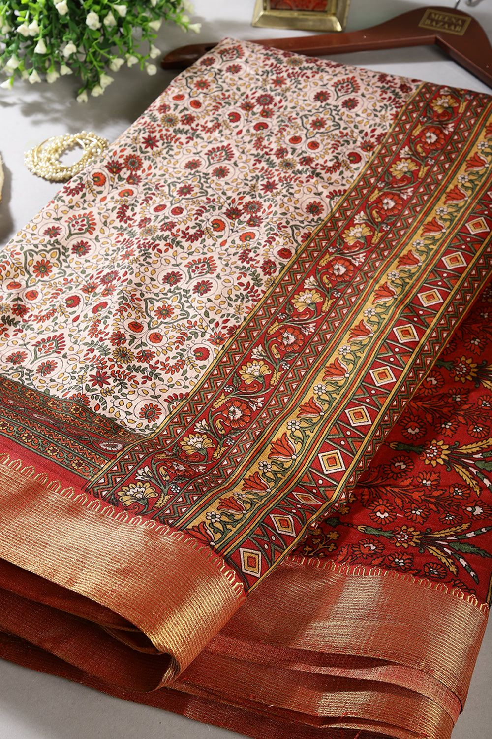 Beige & Red Color Tussar Silk Blossom Printed Saree