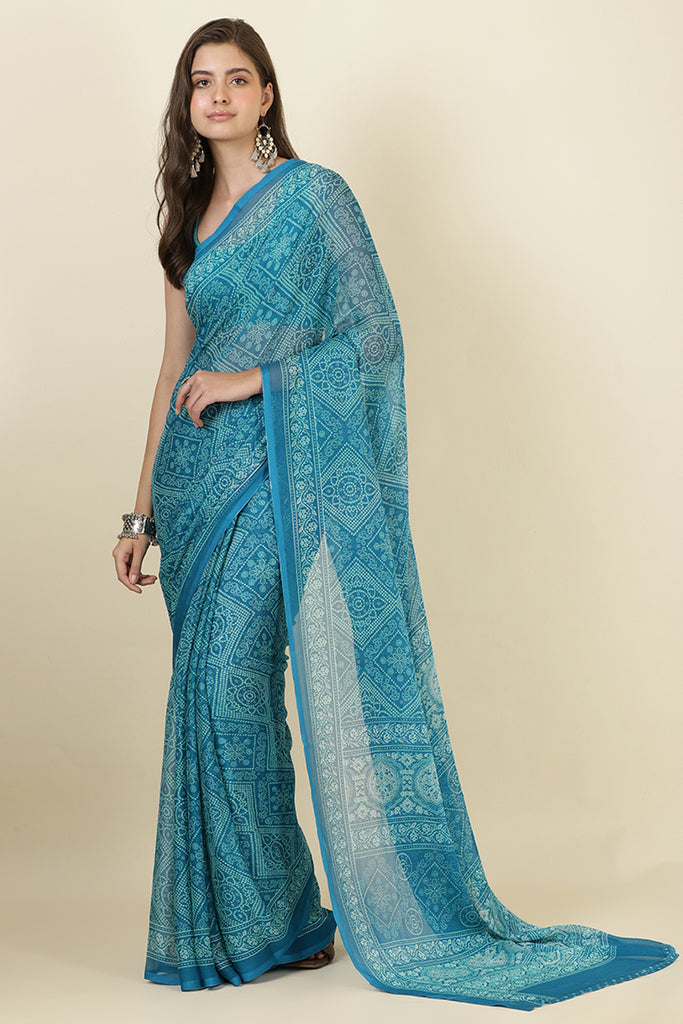 Teal Blue Georgette Bandhani Printed Saree