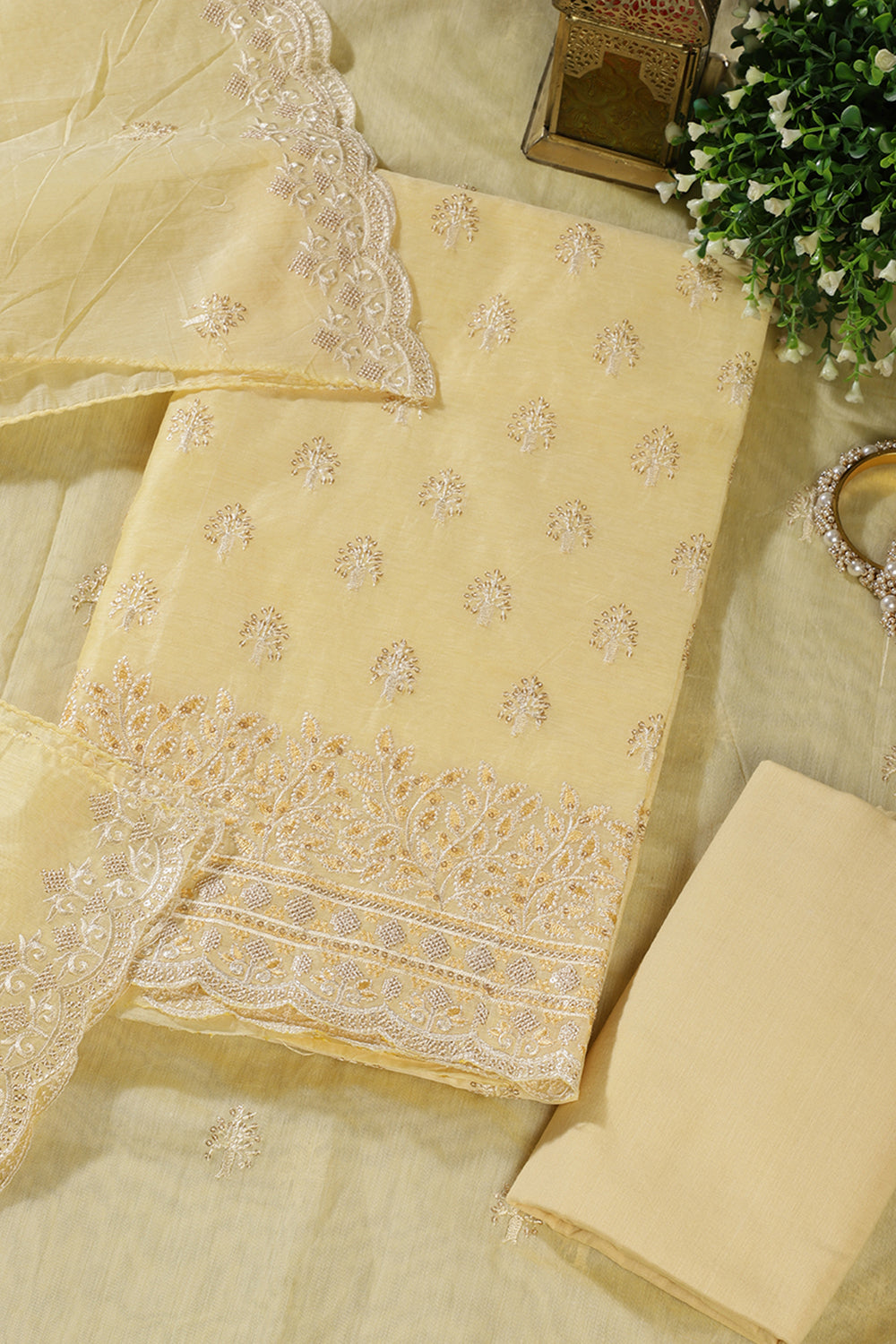 Pale Yellow Chanderi Silk Embroidered Unstitched Suit Material