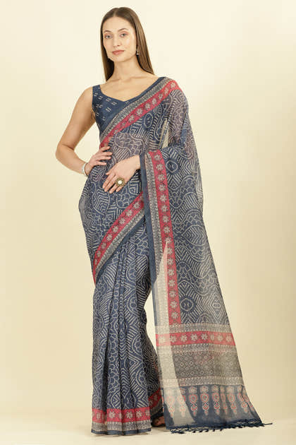Navy Bandhani Printed Cotton Saree
