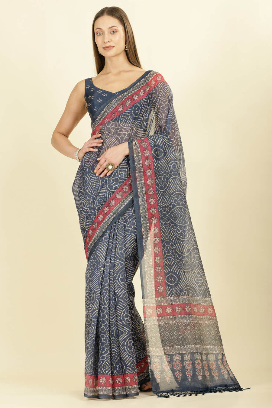 Navy Bandhani Printed Cotton Saree