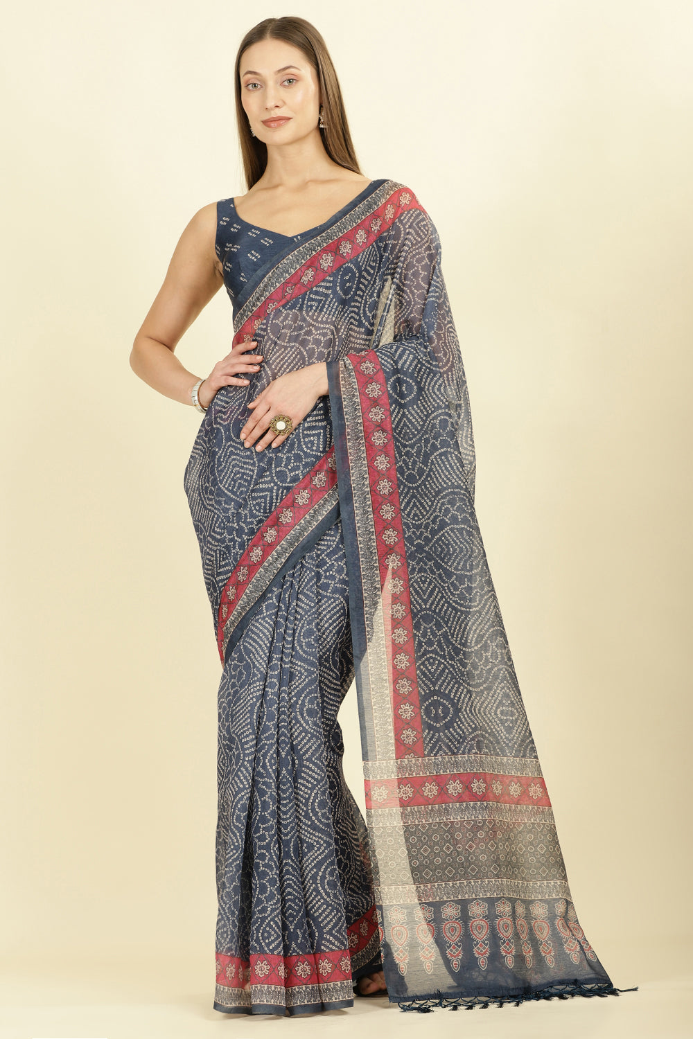 Navy Bandhani Printed Cotton Saree
