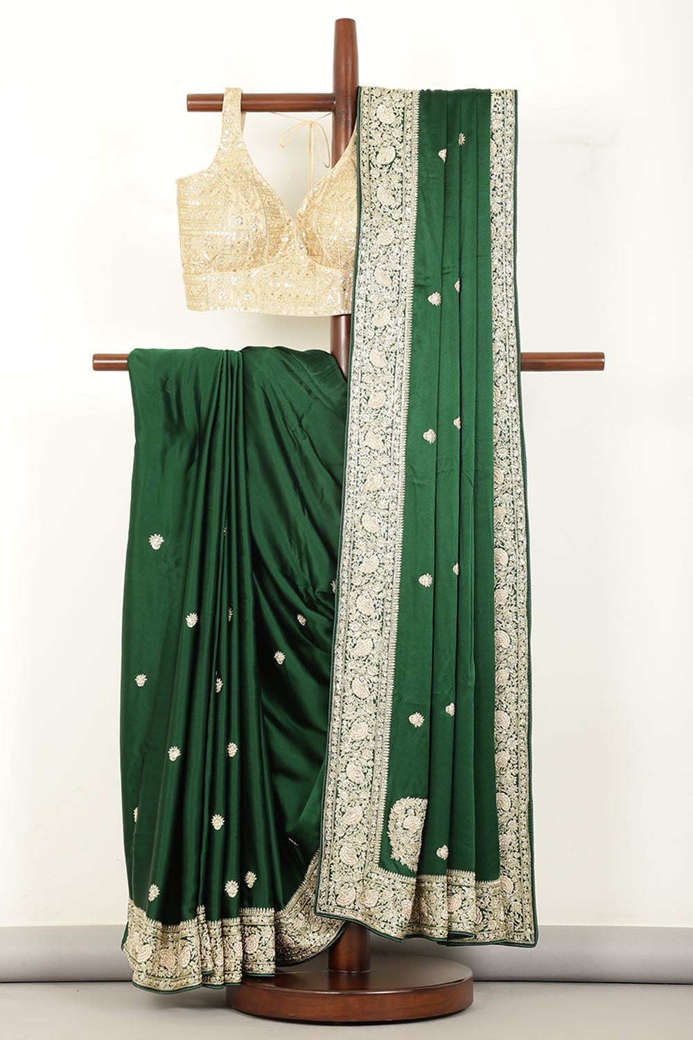 Bottle Green Color Pure Satin Crepe Saree with Zardozi Handwork & Paisley Buta