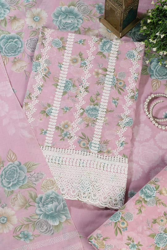 Pink Color Cotton Flower Printed and Lace Work Unstitched Suit Fabric