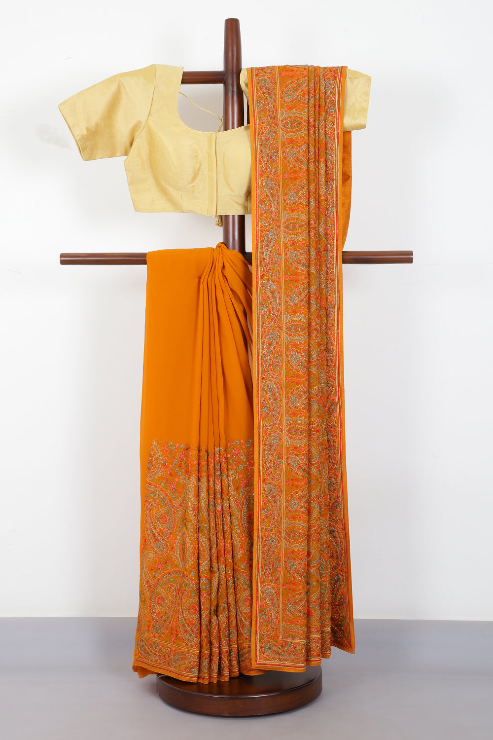 Mustard Georggette Resham Embroidered And Swaroski Work Saree