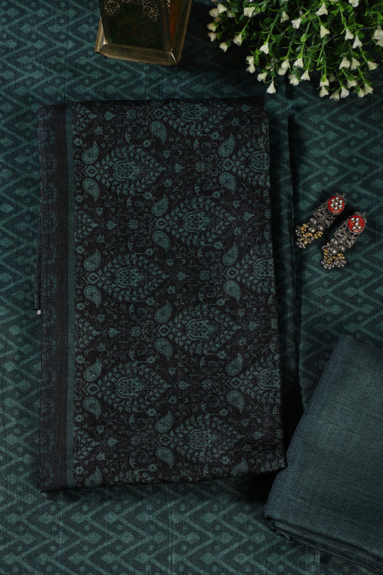 Mint Green And Black Digital Printed Chanderi Cotton Unstiched Suit Material