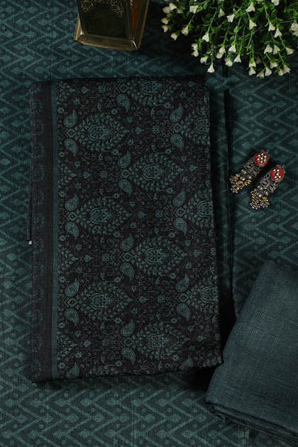 Mint Green And Black Digital Printed Chanderi Cotton Unstiched Suit Material
