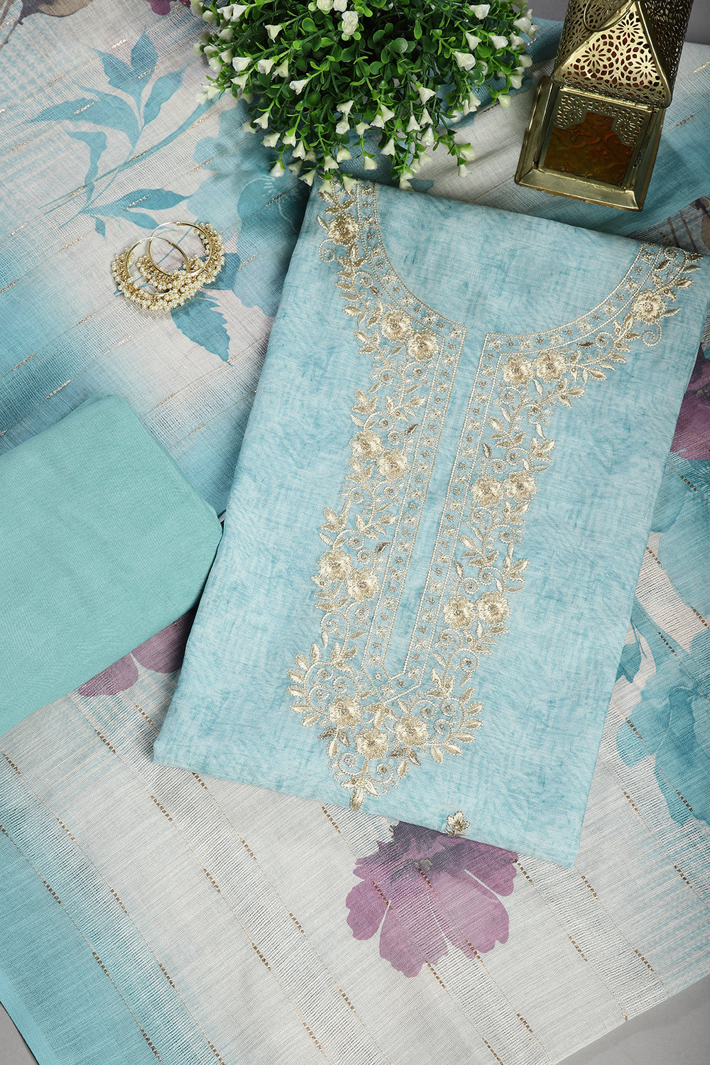 Firozi Color Linen Cotton Embroidery Unstitched Suit Material