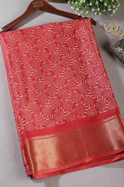 Red Printed & Woven Cotton Silk Saree