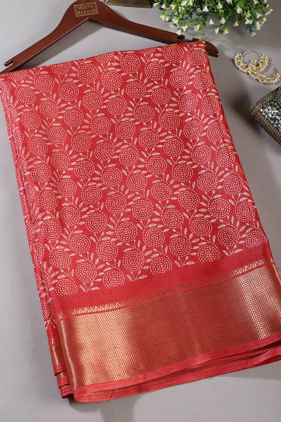 Red Printed & Woven Cotton Silk Saree