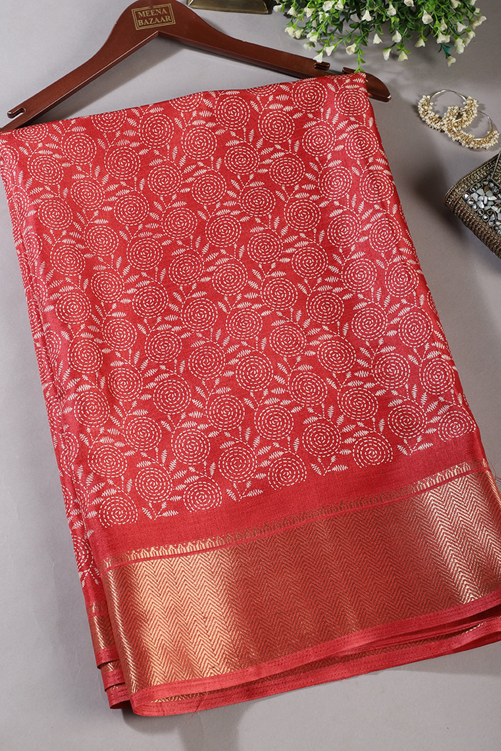 Red Printed & Woven Cotton Silk Saree