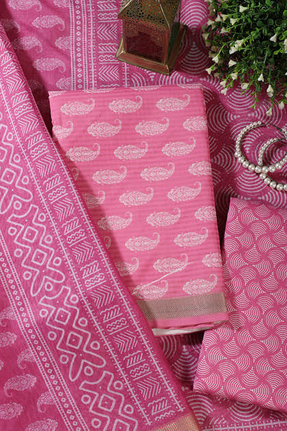 Pink Cotton Boota Block Print Unstitched Suit Fabric