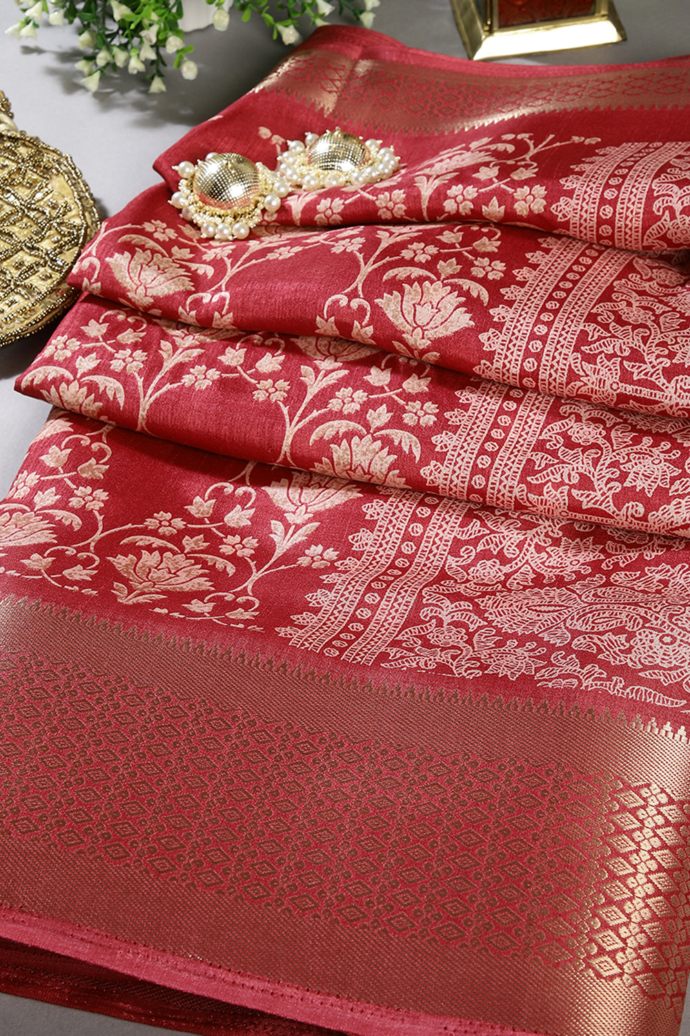 Coral Pink Color Cotton Silk Block Printed Saree